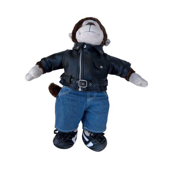 BAB Brown Monkey Plush Toy In Faux Leather Jacket & Denim Outfit With Sneakers - Picture 2 of 16